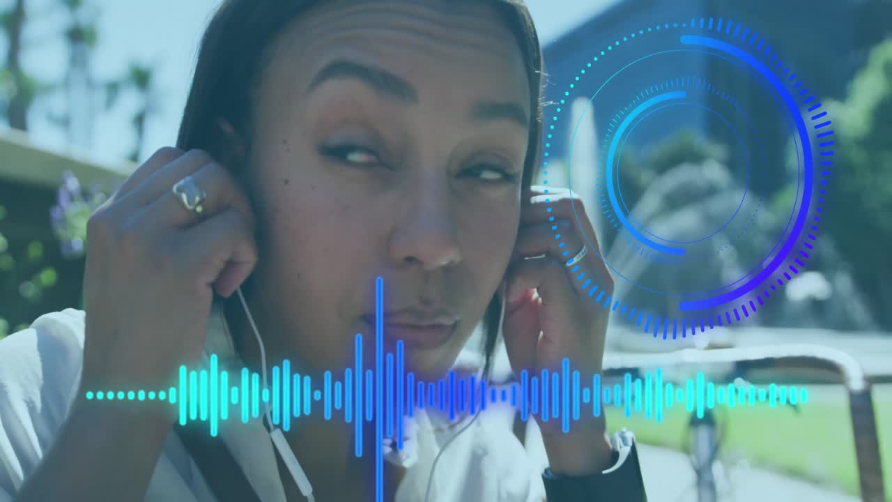 Animation of scope scanning and music graphic equalizer over woman using earphones