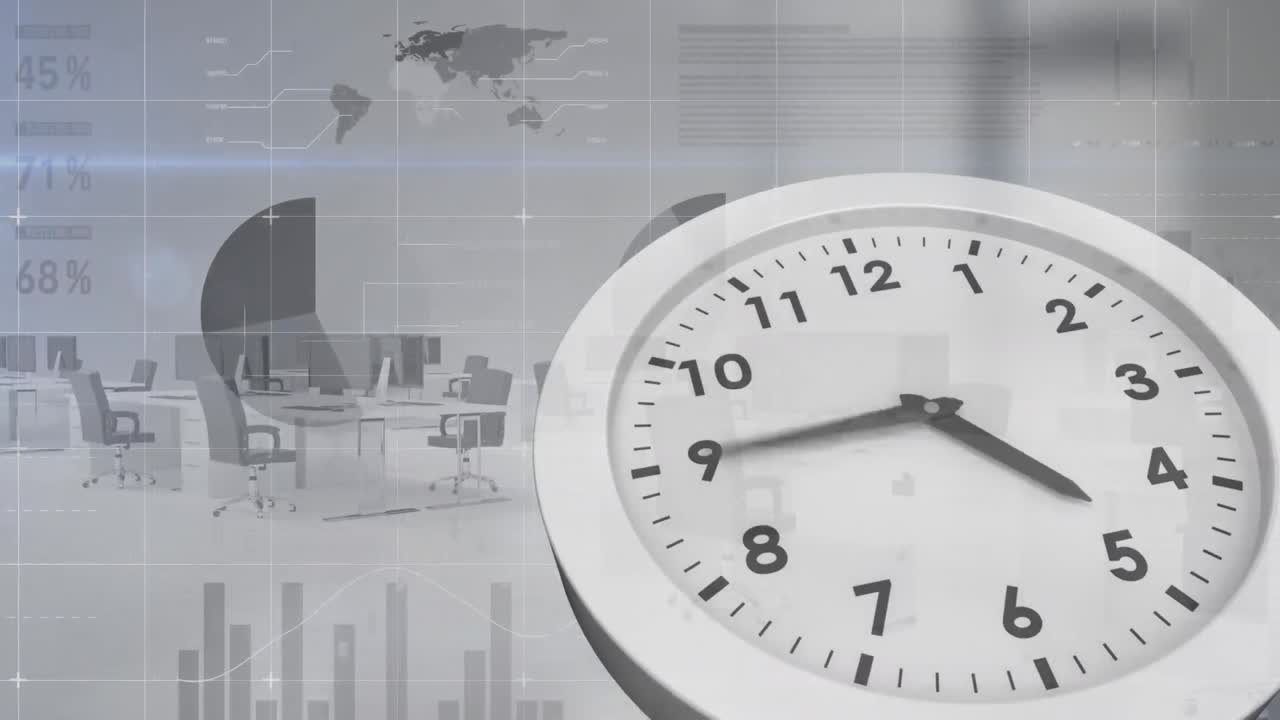 animación del reloj moviéndose rápidamente sobre la sala de reuniones y el procesamiento de datos financieros sobre un fondo gris
