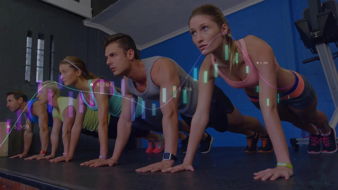 Fitness peers holding high plank on stage after coach cue, candlestick waveform overlaying for form