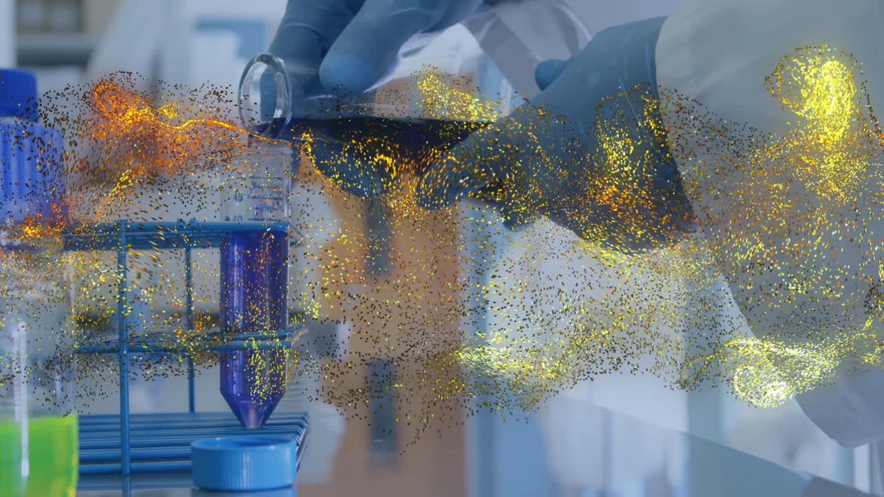 Scientist pouring liquid from vial into chromatography funnel in lab, with golden particle effects
