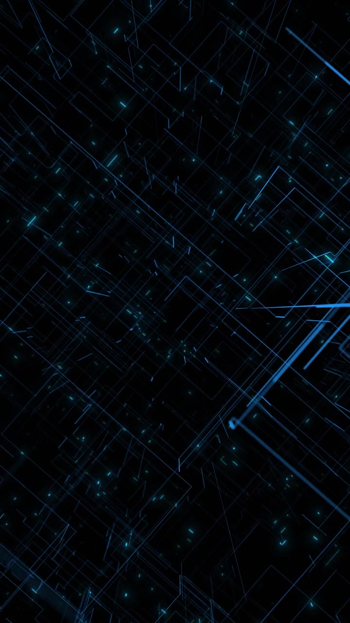 Dark blue geometric tech grid background glowing cyan lines moving particles and layered digital
