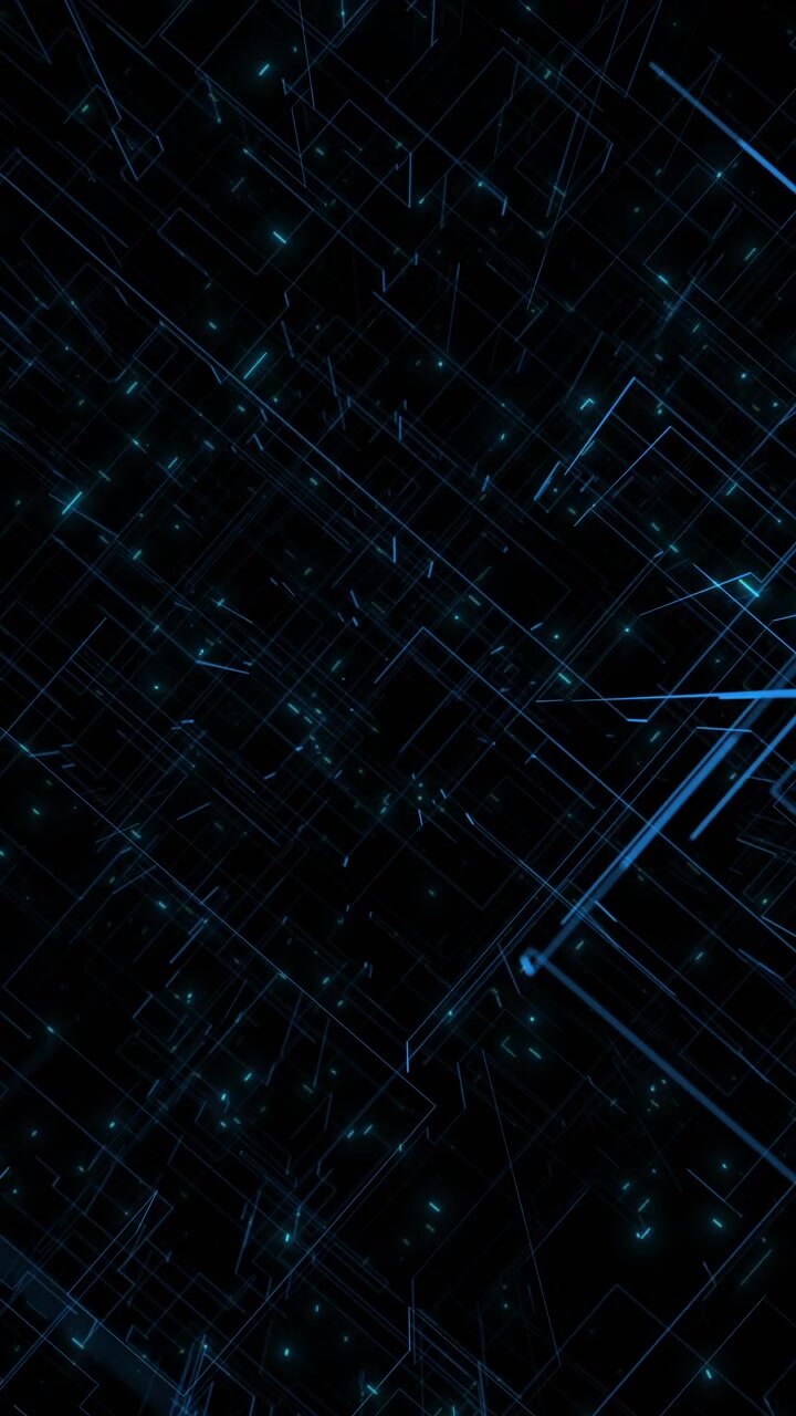 Sfondo a griglia tecnologica geometrica blu scuro con linee ciano luminose, particelle in movimento ed elementi digitali stratificati.