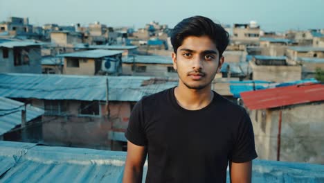 portrait of a confident young man standing on a rooftop, overlooking a slum neighborhood, showcasing the contrast between individual aspiration and challenging urban environment