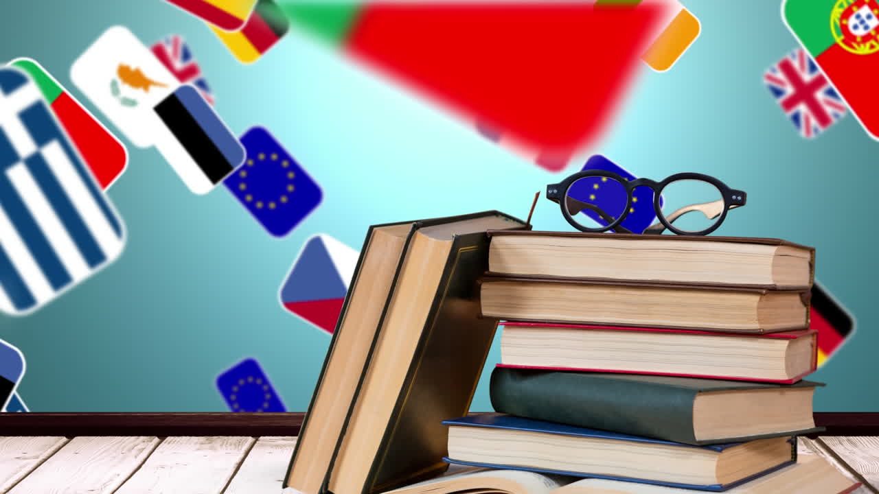 배경에 3d 유럽  ⁇ 발이 있는 학교 책과 안경