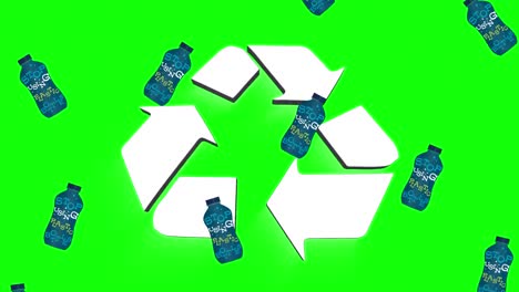 animation of bottles floating over recycling symbol on green background