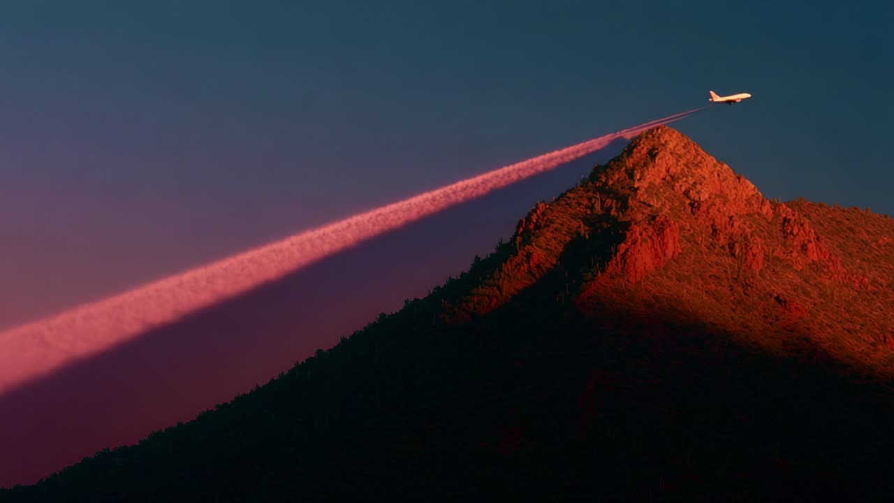 A Dramatic Scene: Airplane Flying Over Majestic Mountain with Colorful Contrails at Twilight, Highlighting the Beauty of Nature and Aviation in a Serene Landscape