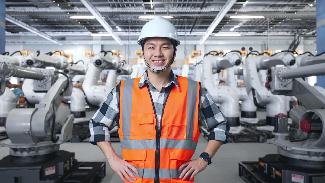 Engineer in a modern factory with robotic arms