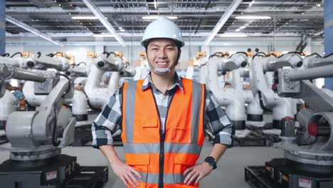 ingeniero en una fábrica moderna con brazos robóticos