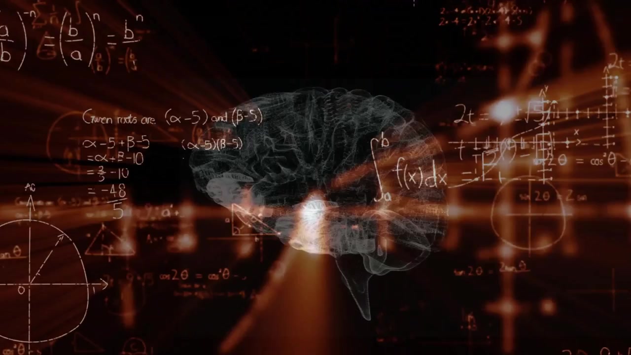 Algebraic formulas sliding 3D brain fading while axes scanning red rays bursting illustrating math