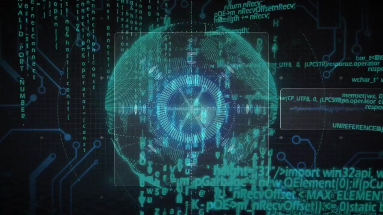 Wireframe appearing, starting hologram globe pulsing ring, orbiting dots, scrolling code for scan