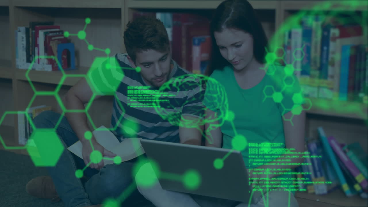 animación del cerebro digital, las moléculas y el procesamiento de datos sobre diversos estudiantes que aprenden en la biblioteca
