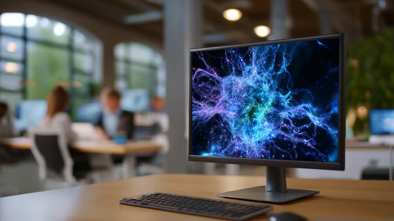 Exploring Innovative Technology: A Dynamic Visual Display of Colorful Neural Connections on a Computer Monitor in a Modern Office Setting