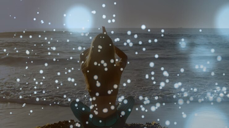 Animation af lyspletter over kaukasisk kvinde, der dyrker yoga