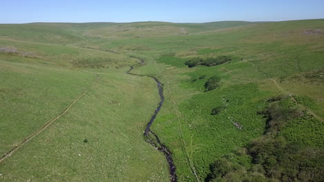 Breite-Luftaufnahme,-Die-Nach-Vorne-Fährt,-Mit-Wistmans-Wald,-Einem-Fluss-Und-Grasbewachsener-Moorlandschaft,-Die-Die-Szenerie-Bilden