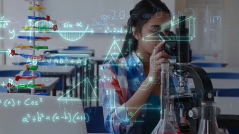 Animation-of-mathematical-equations-over-biracial-girl-using-microscope-in-lab