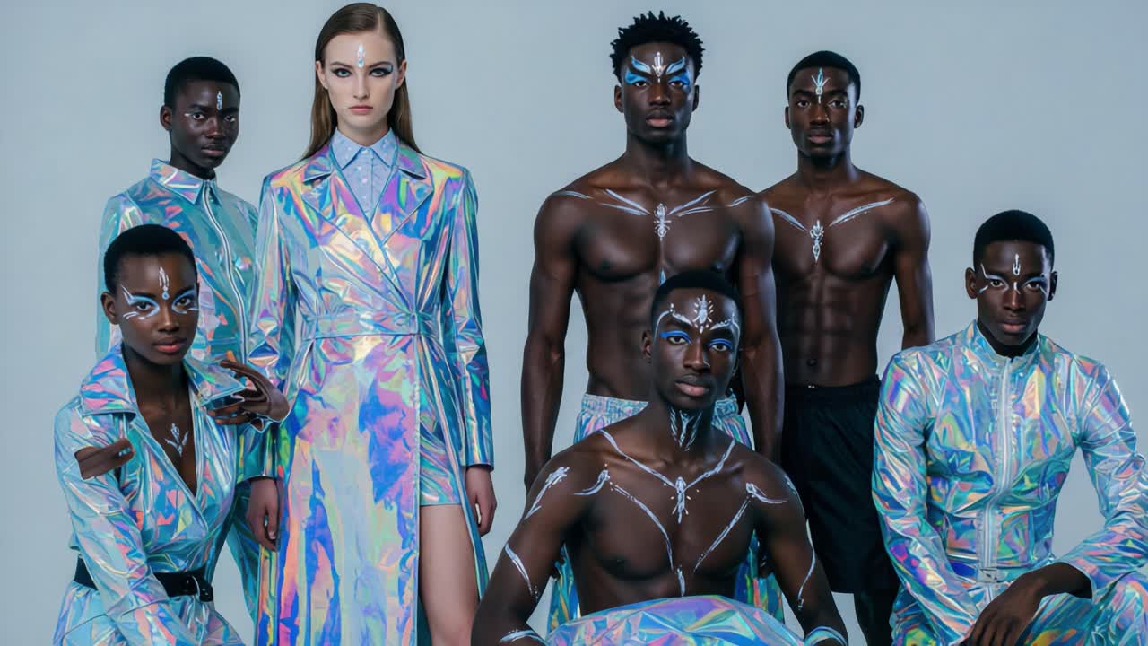 A striking fashion ensemble featuring diverse models donning iridescent outfits and dramatic face paint, exuding a captivating and futuristic aesthetic