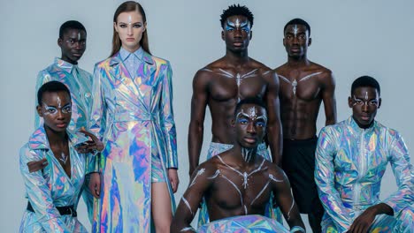 a striking fashion ensemble featuring diverse models donning iridescent outfits and dramatic face paint, exuding a captivating and futuristic aesthetic