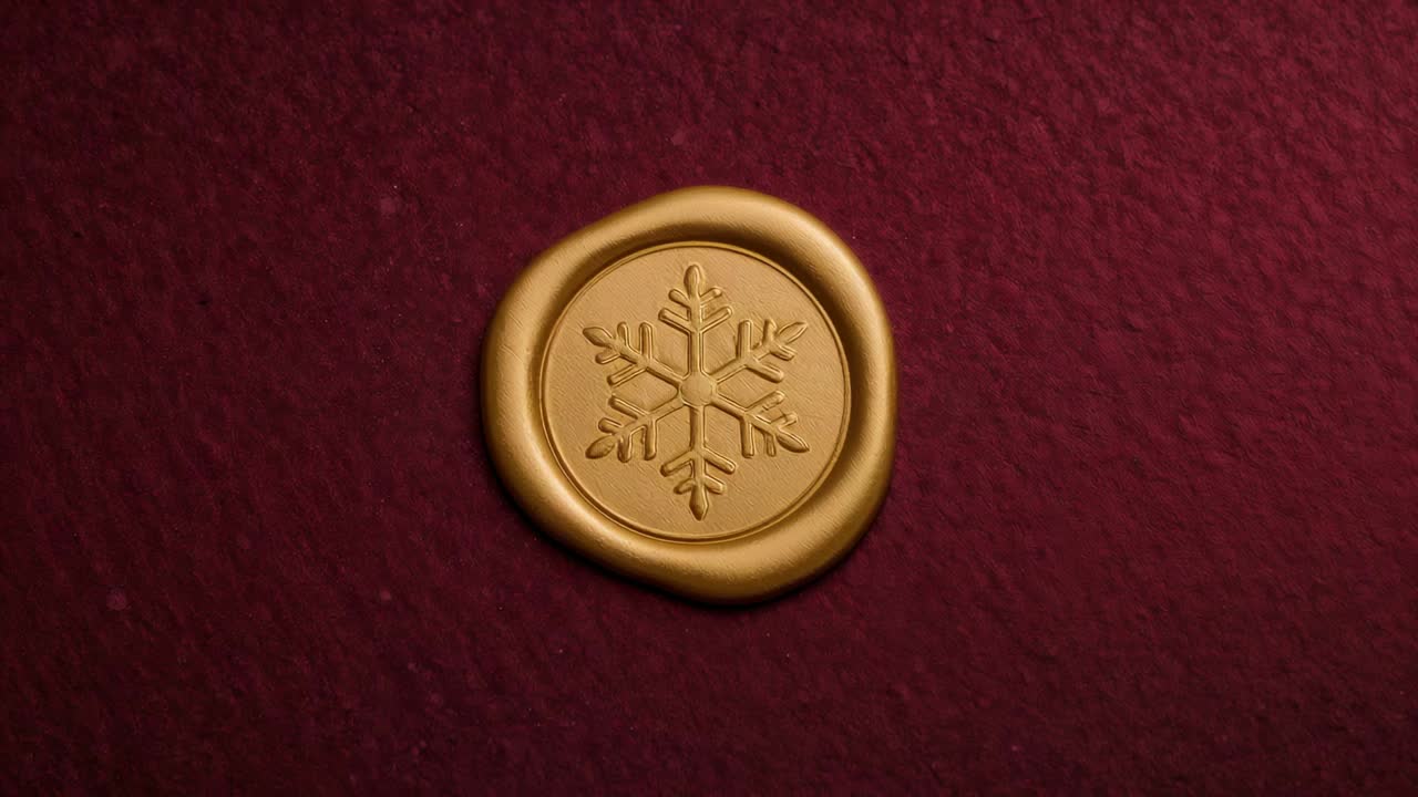 Shifting light revealing gold wax seal on textured burgundy card, enhancing snowflake detail