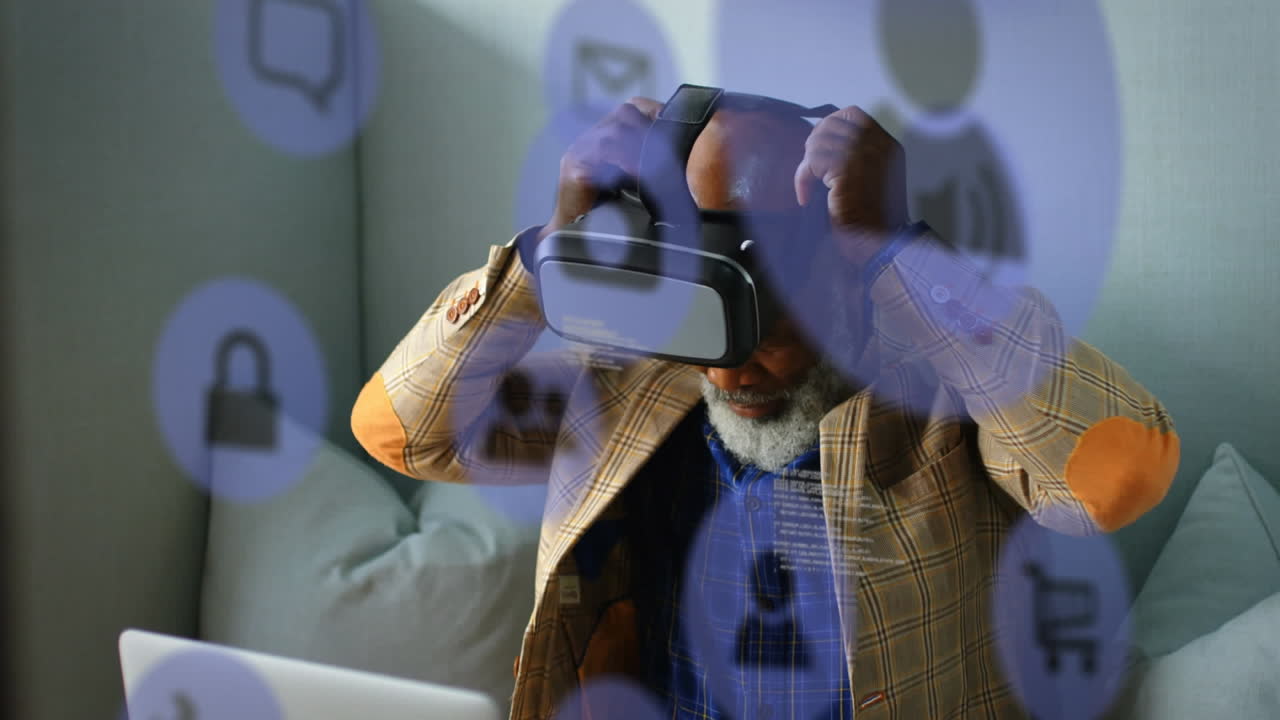 Animation af databehandling over en afroamerikansk mand med VR-headset