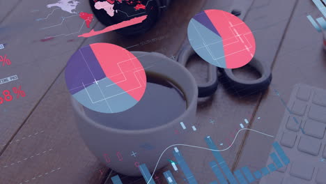animación del procesamiento de datos estadísticos contra una cámara digital y una taza de café en una mesa de madera.