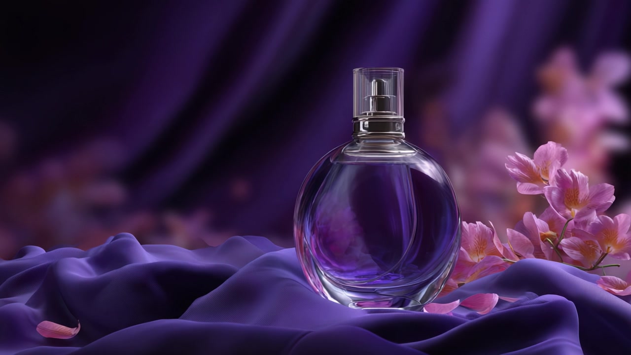 Elegante flacone di profumo che poggia su un lussuoso tessuto viola adornato con delicati petali di fiori, mostrando una fusione di raffinatezza e bellezza in una presentazione serena