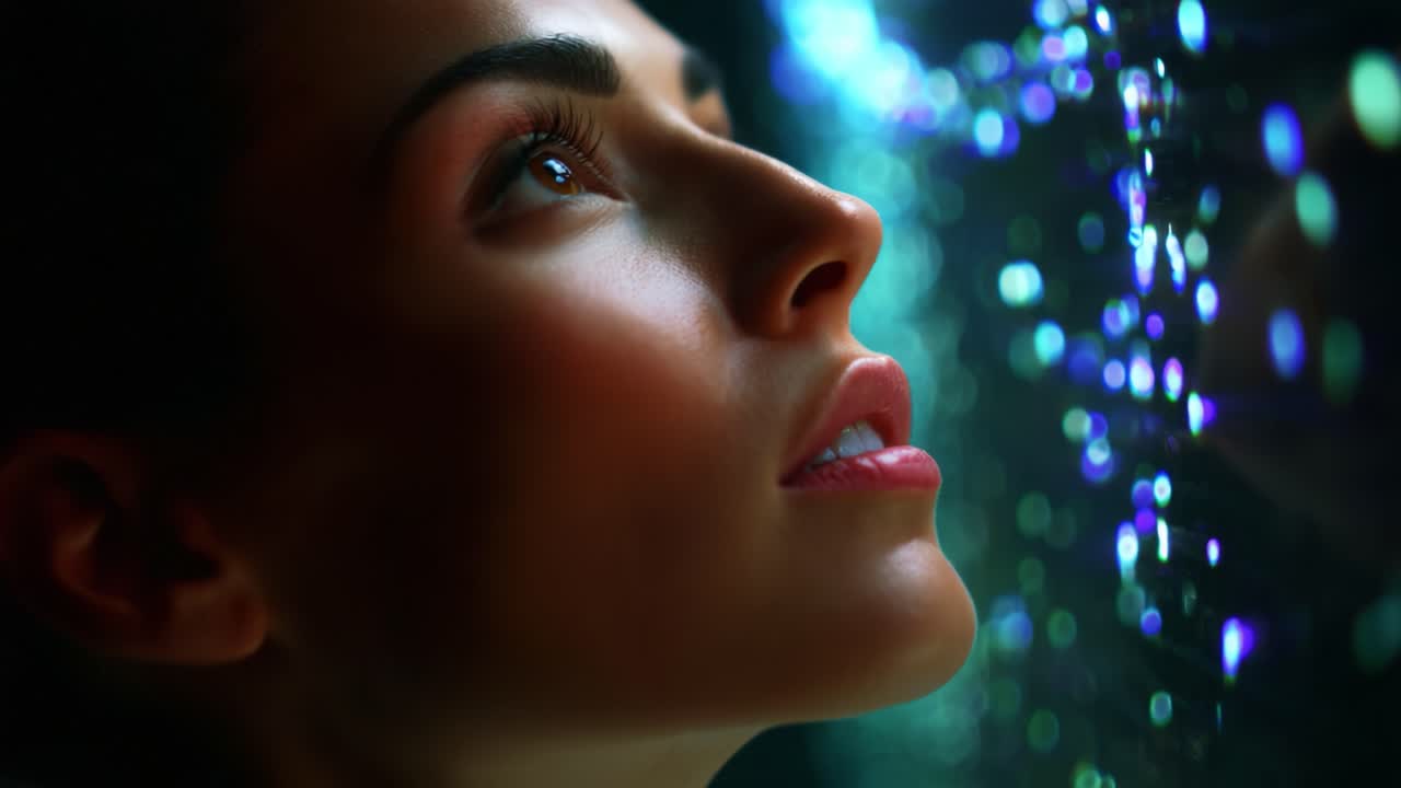 Captivating Close-Up of a Contemplative Woman Gazing at a Mesmerizing Display of Reflected Light and Color, Highlighting the Intrigue and Depth of Human Emotion and Connection with Surroundings