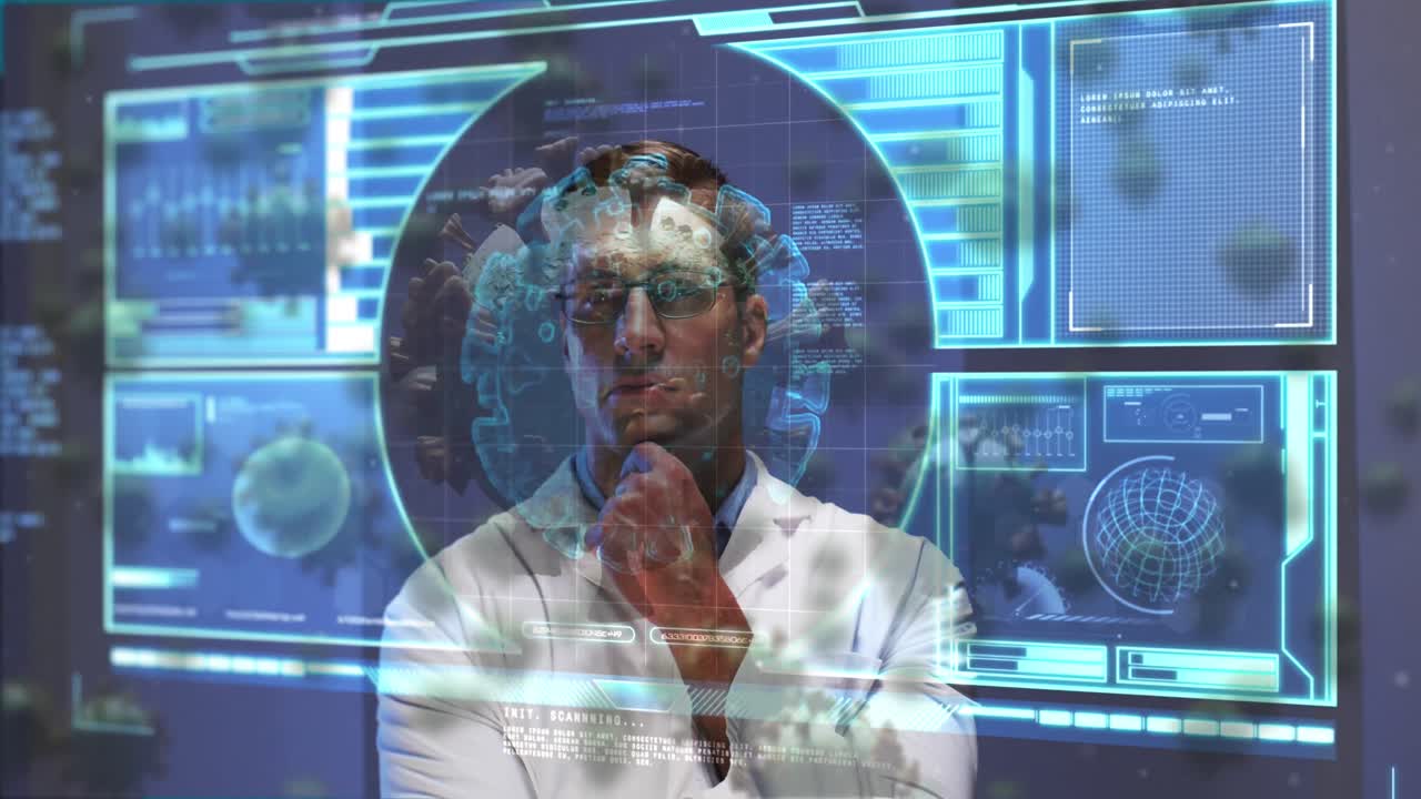 바이러스 세포의 애니메이션과 디지털 인터페이스 남성 의사