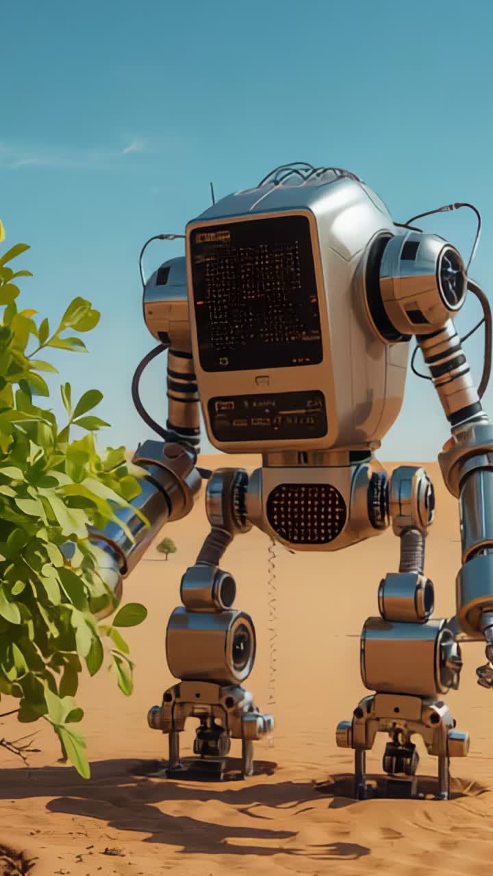 Vertical video: Activating robot extending manipulator arm over sand dunes, collecting shrub leaves