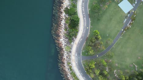 Birdseye-shot-of-Barangaroo-Reserve,-heading-towards-Walsh-Bay---Sydney-NSW-Australia