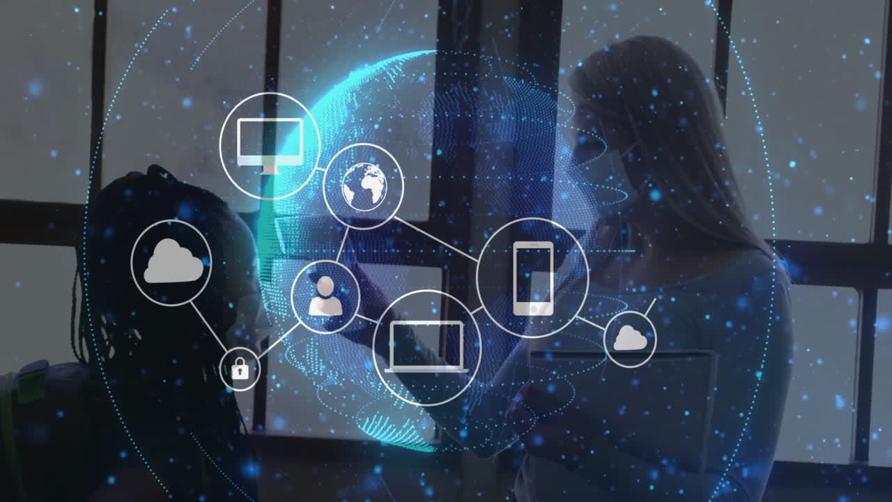 Discussing technology, people in office with animation of digital network icons