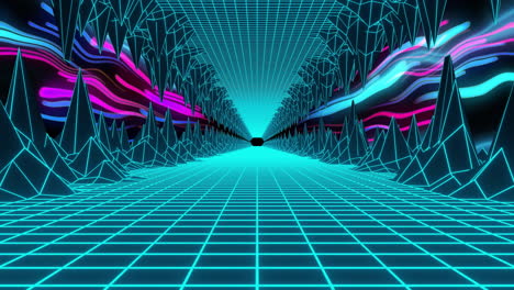 animation of video game screen with neon metaverse patten on black background