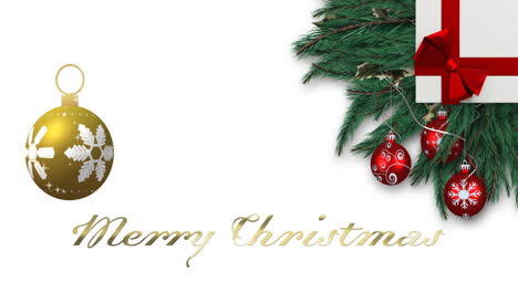 animación de texto de feliz navidad y bauble de navidad sobre fondo blanco