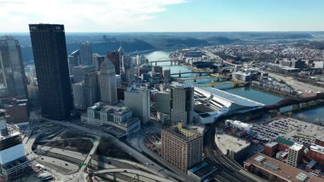 high aerial shot of pittsburgh, pennsylvania skyline