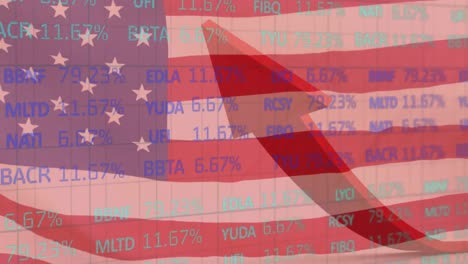 Stock-market-data-processing-and-red-arrow-against-US-flag