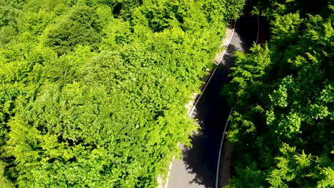 Vista-Aérea-De-Una-Carretera-Que-Atraviesa-Un-Bosque-En-Las-Montañas-Apuseni