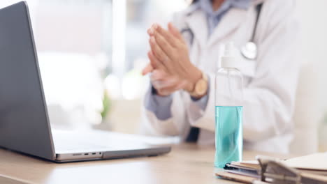 Woman,-doctor-and-hands-on-laptop-with-sanitizer