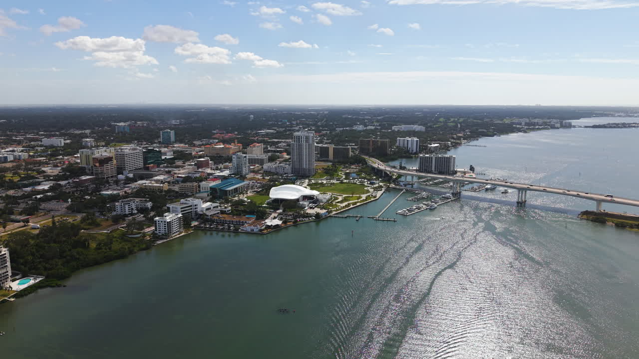 Panoramic drone shot in front of the cityscape of Clearwater, in sunny Florida, USA