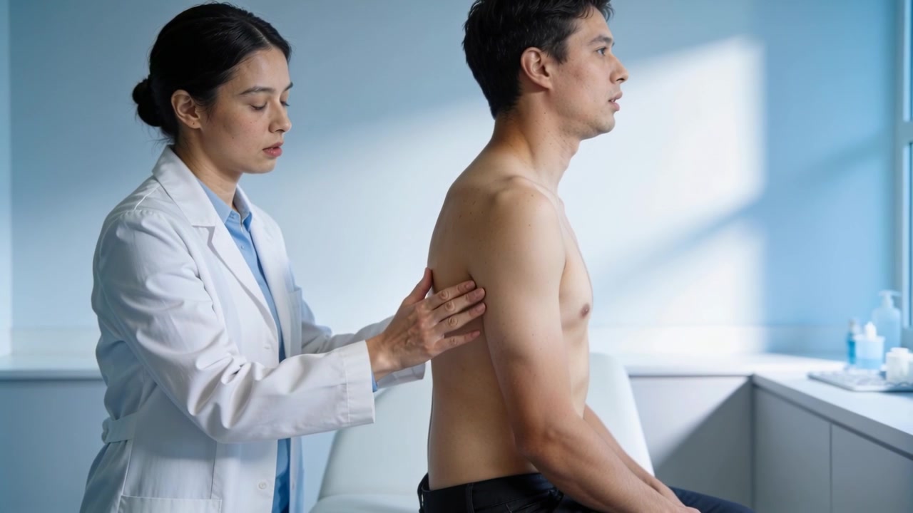 Palpating doctor in white coat examining patient after shirt removal at clinic, assessing tone