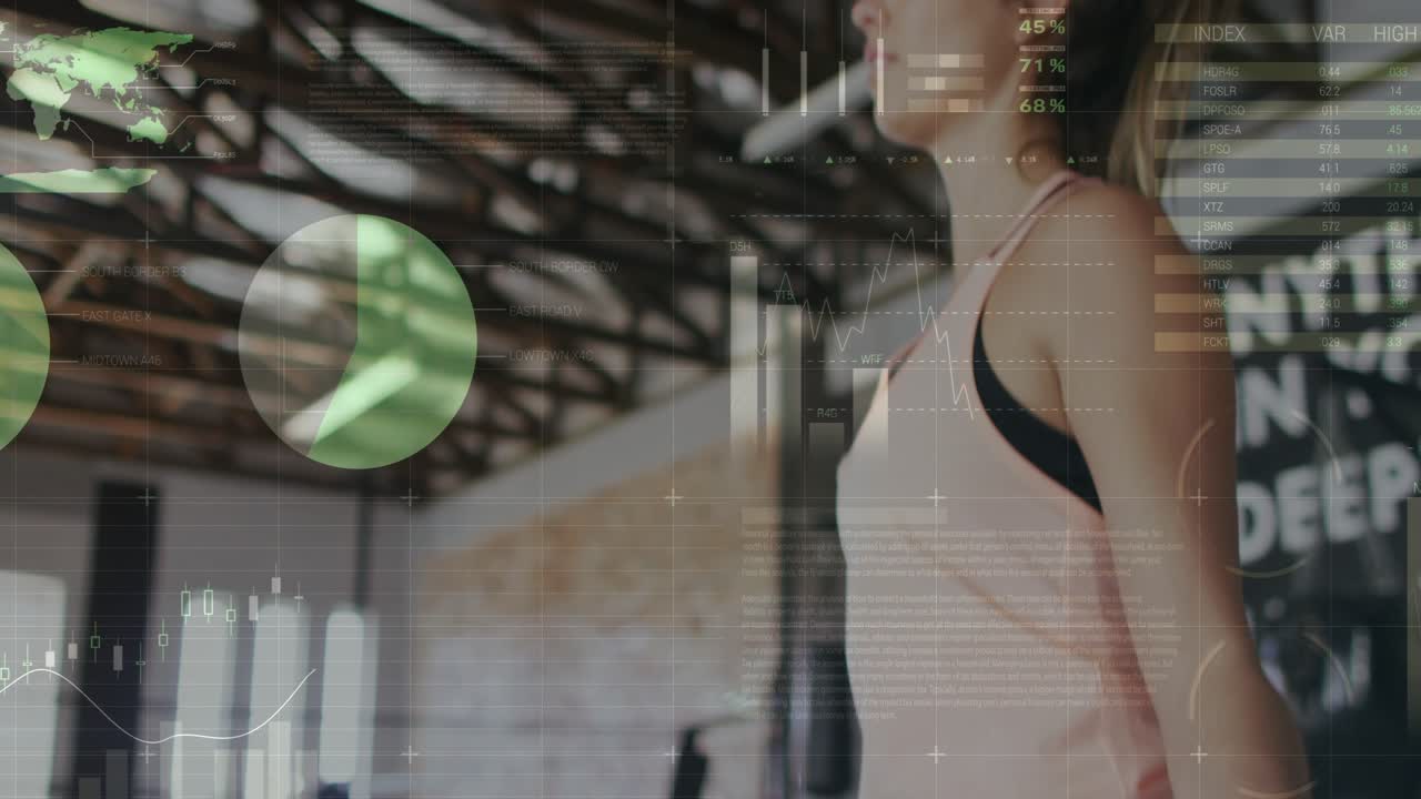 Woman rotating rope, initiating HUD charts expanding into pie charts and map, tracking fitness