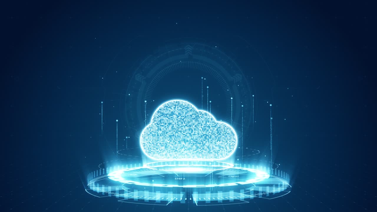 Motion graphic of Blue digital cloud logo with futuristic technology circle rotation and levitation particle on abstract background