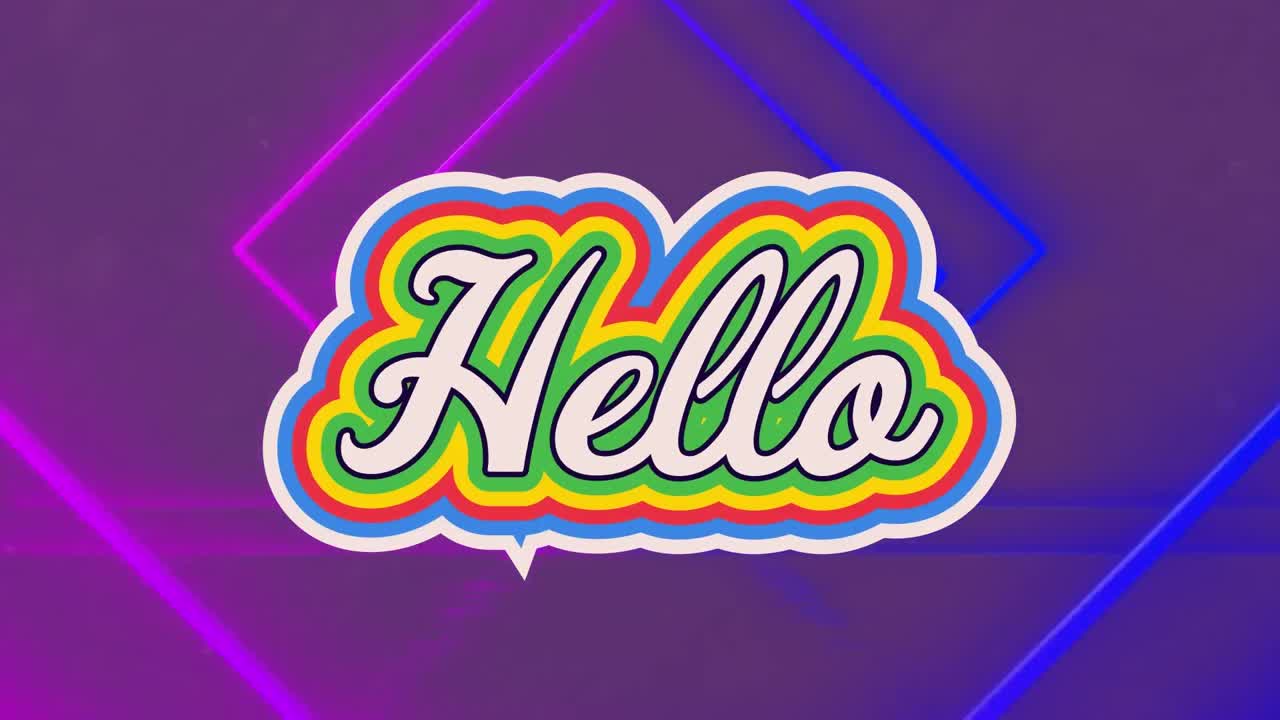 Animation of colorful digital hello text with square shapes moving in loop on violet background
