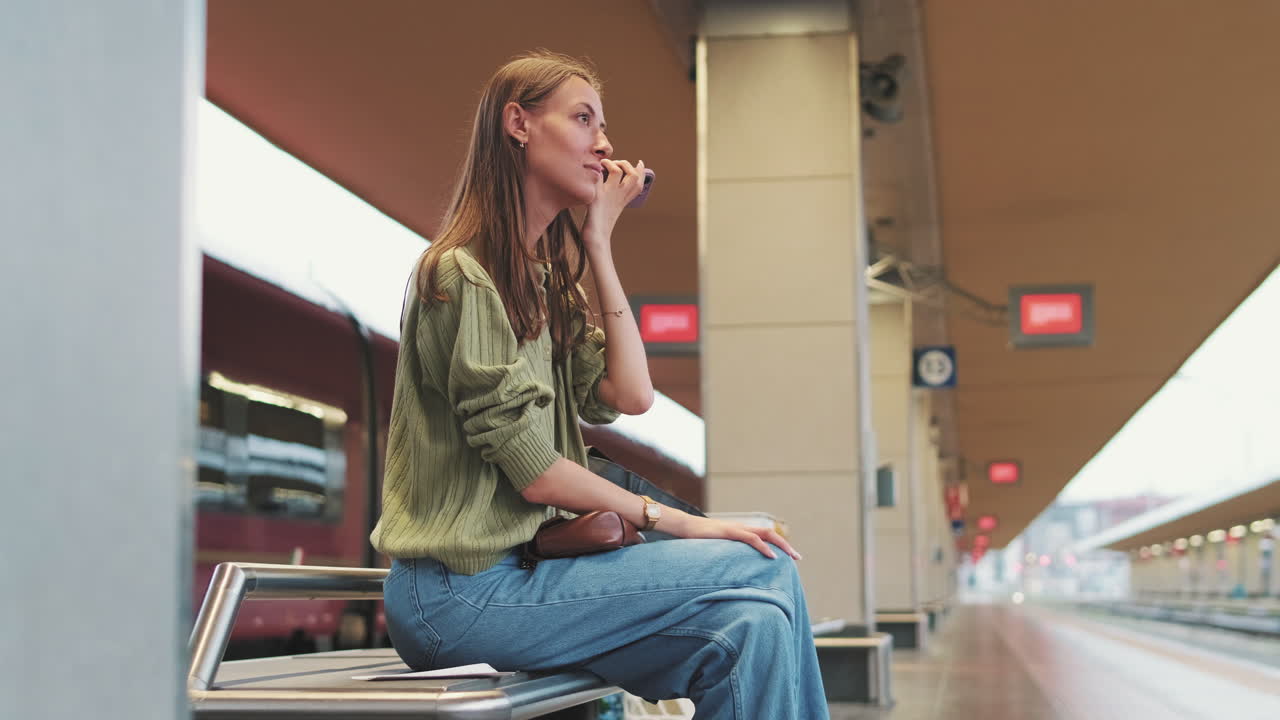 Giovane donna seduta sulla piattaforma della stazione ferroviaria che parla al telefono