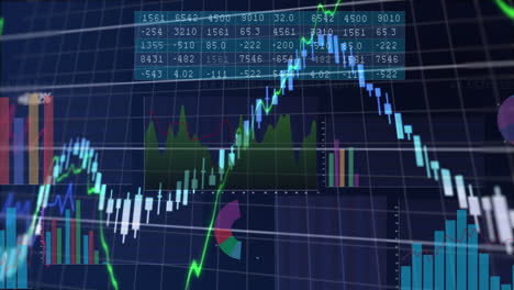 animation of statistical and financal data processing against blue background