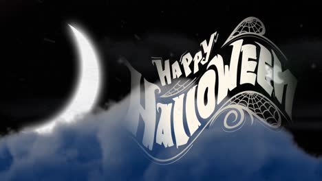 animation of happy halloween text over night sky and moon