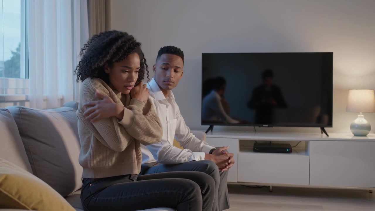 Donna in maglia beige che si muove, si stringe in un abbraccio cercando calma sul divano di casa, uomo che guarda il riflesso della TV