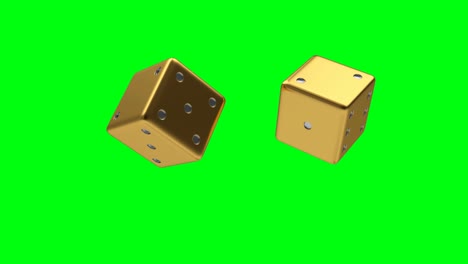 3d animation of rotation of two golden dice on a green screen. 4k