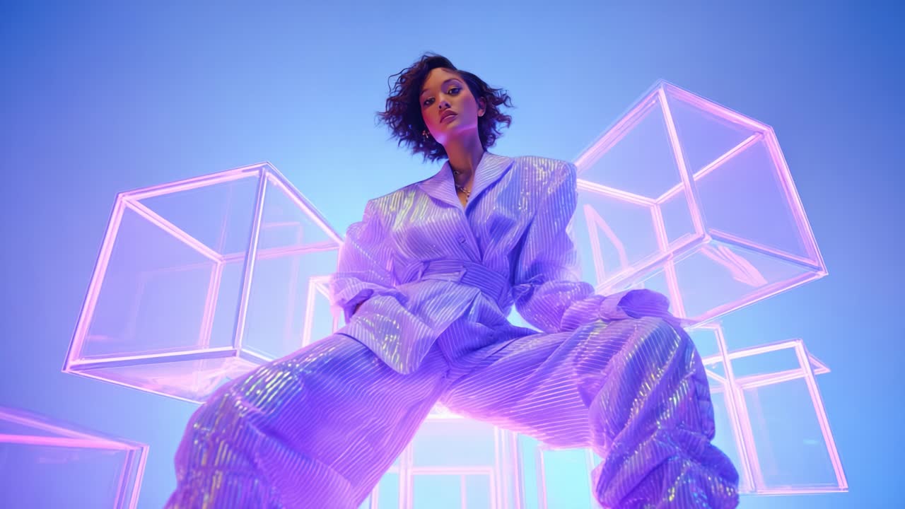 A captivating visual display featuring a stylish individual exuding confidence and bold fashion choices, set against a striking background of illuminated geometric shapes that enhance the modern aesthetic