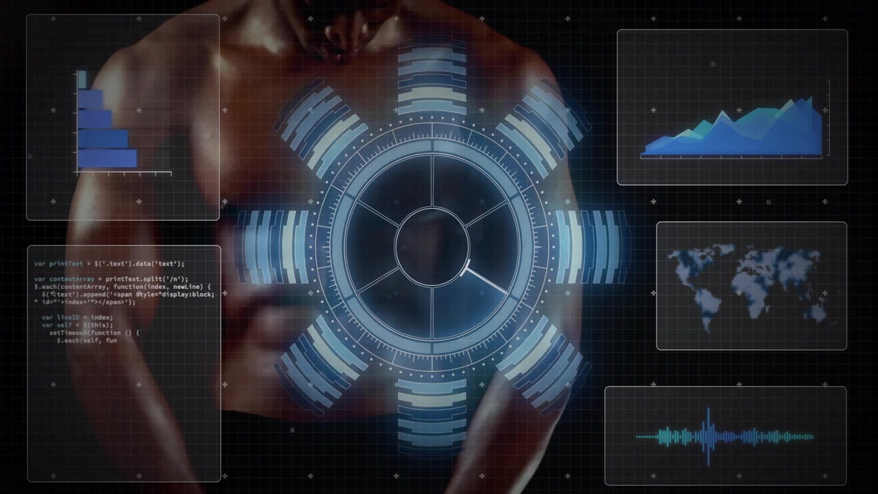 Shirtless man moving hands into circular HUD, activating rings, updating code charts for tech demo