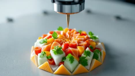 colorful fruit arrangement is being meticulously crafted with advanced culinary technology, showcasing vibrant textures and fresh ingredients, highlighting the artistry of food presentation and design