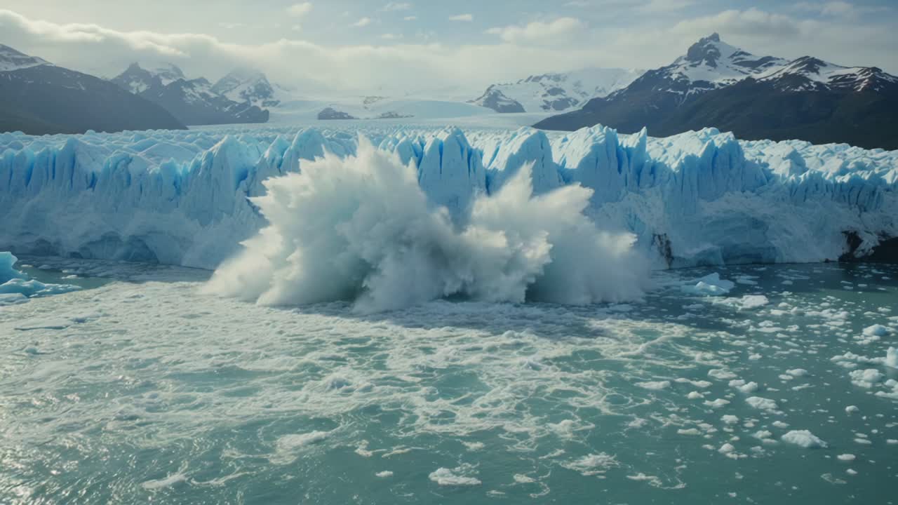 Dramatic Glacial Calving: Ice Mass Breaking Apart and Plunging into Turquoise Waters with Stunning Mountainous Backdrop Captured in Two Distinct Frames